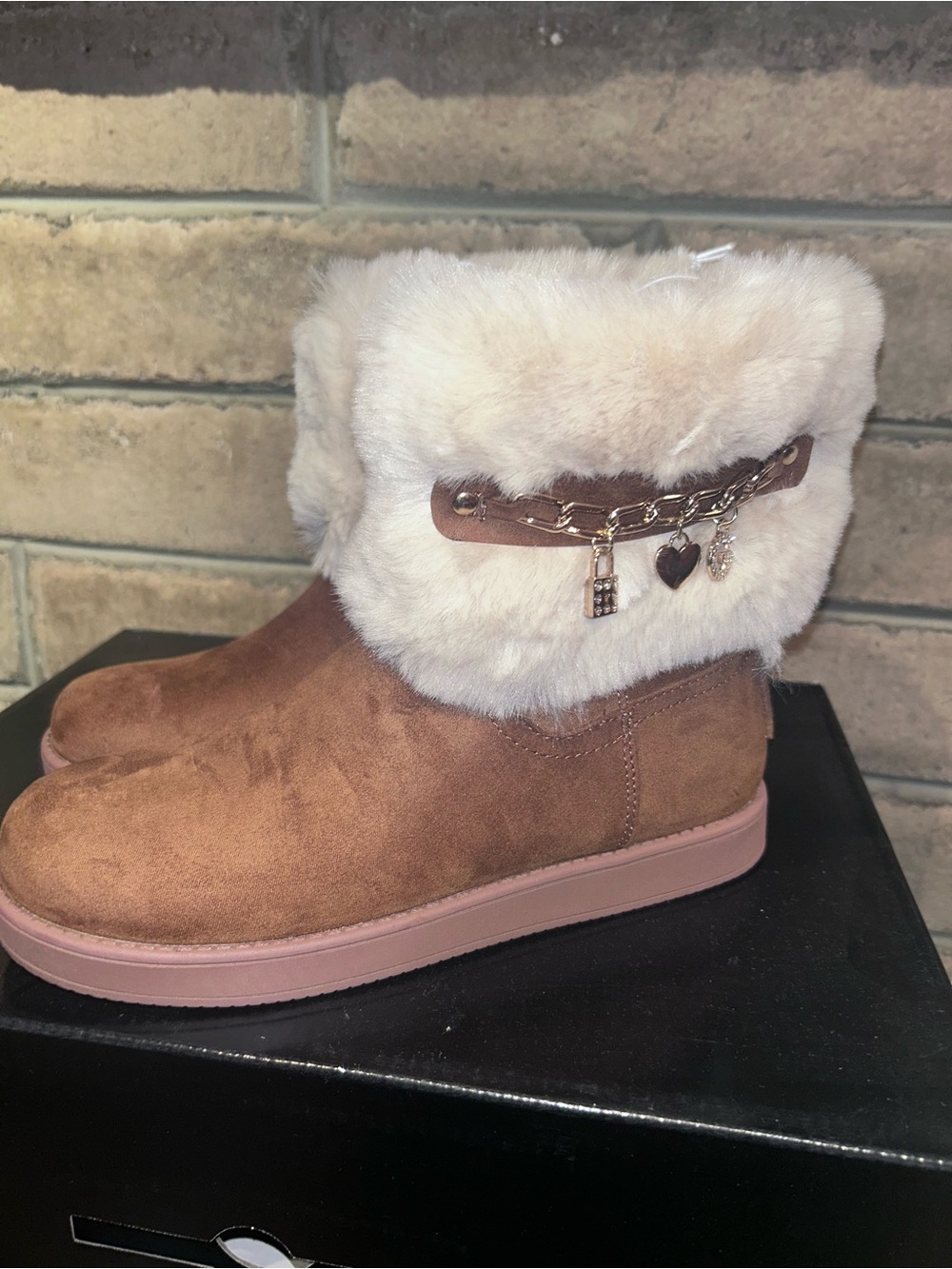 GBG Los Angeles Brown Suede Ankle Boots with Cream Faux Fur Cuff & Charm Chain